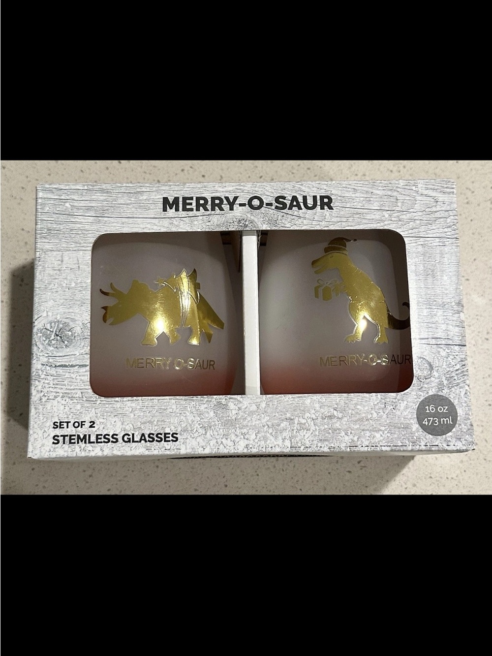 Merry-O-Saur Stemless Glasses Set - Gold Dino Accent